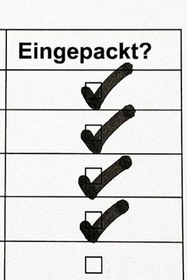 Unter der Überschrift "Eingepackt?" sind vier Kästchen abgehakt