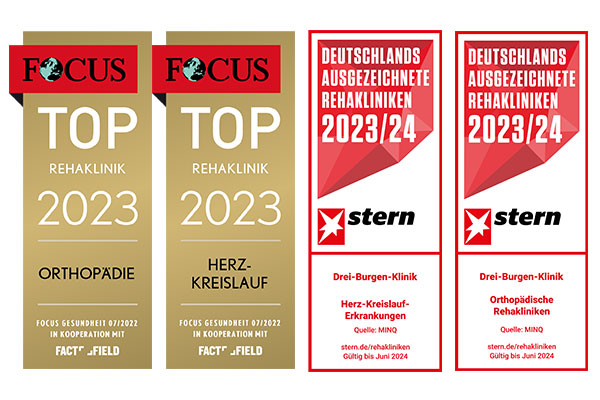 Focus-Siegel TOP Rehaklinik 2023 Herz-Kreislauf und Orthopädie, Stern-Siegel Deutschlands ausgezeichnete Rehakliniken 2023/2024 Herz-Kreislauf und Orthopadie