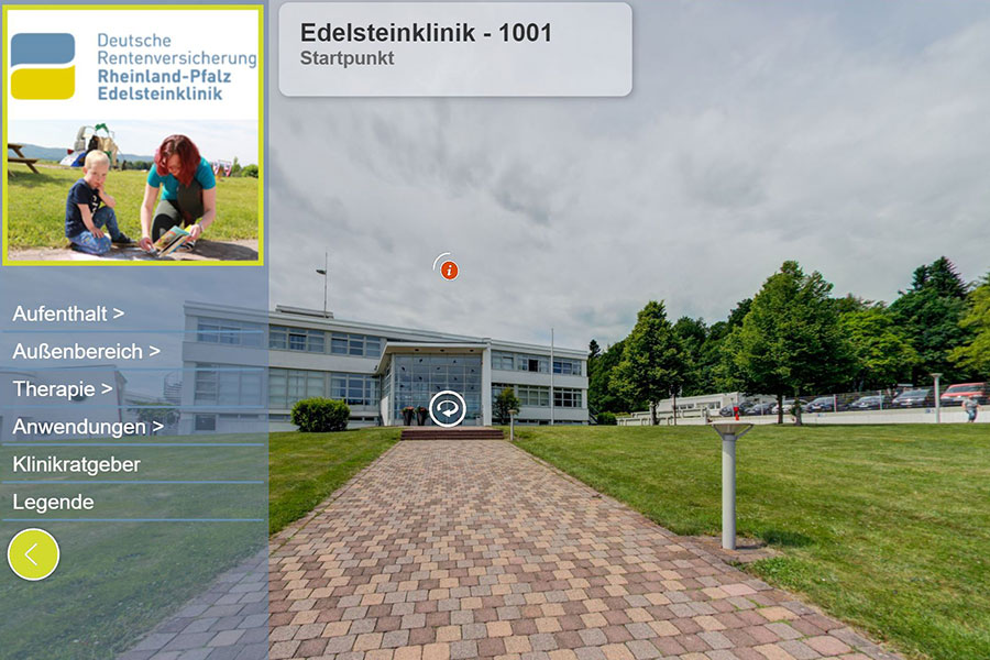 Startbild für einen 360 Grad-Rundblick: Gebäudeansicht aus der Entfernung, links ein Verzeichnis über die verschiedenen Klinikansichten Startbild für einen 360 Grad-Rundblick: Gebäudeansicht aus der Entfernung, links ein Verzeichnis über die verschiedenen Klinikansichten