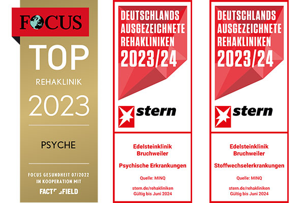 Focus-Siegel TOP Reha-Klinik 2023 Psyche und Stern-Siegel 2023/24 für ausgezeichnete Rehakliniken bei Stoffwechselerkrankungen und psychische Erkrankungen